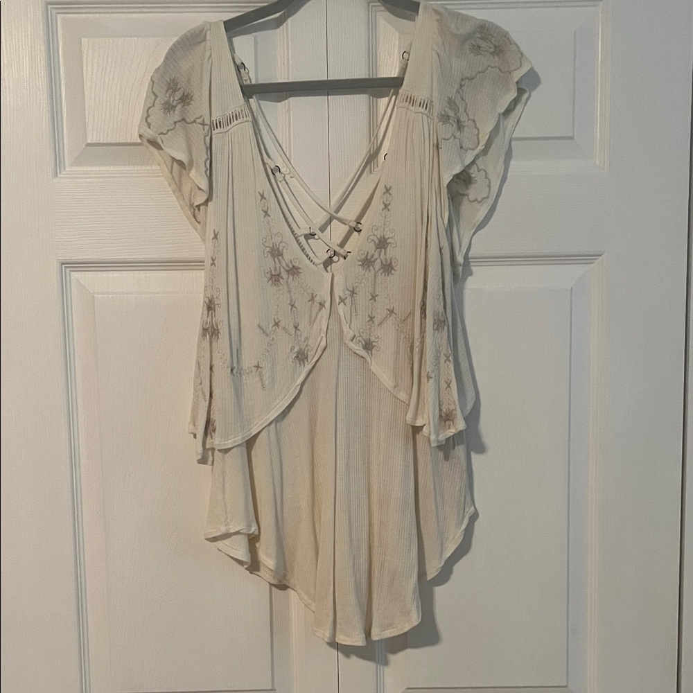 Free People Cream Embroidered Blouse